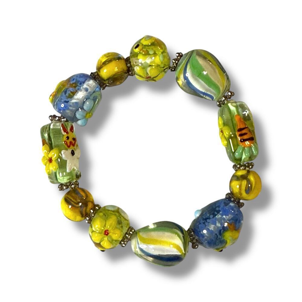 Spring Easter Glass Lampworks Beads Stretch Bracelet Colorful Silver Tone - Picture 2 of 6